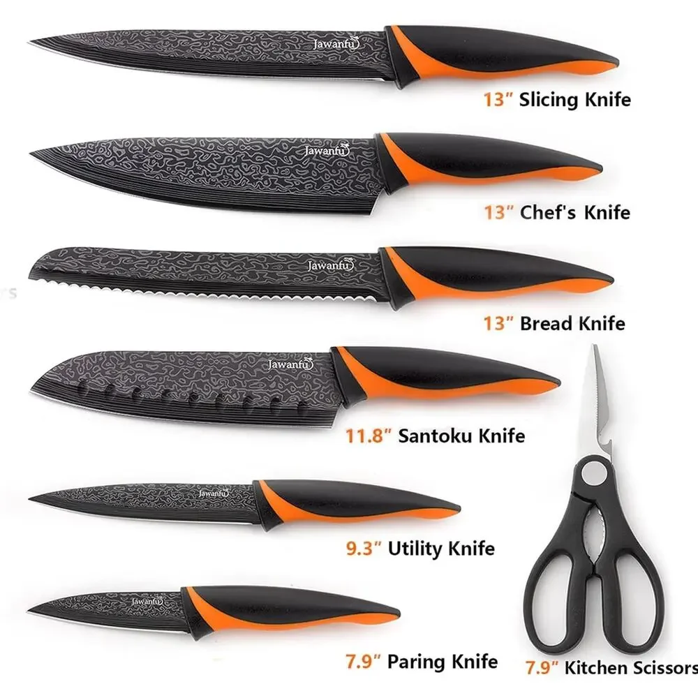 Jawanfu 8 Piece Knife Set Black & Orange Damascus Pattern NIB